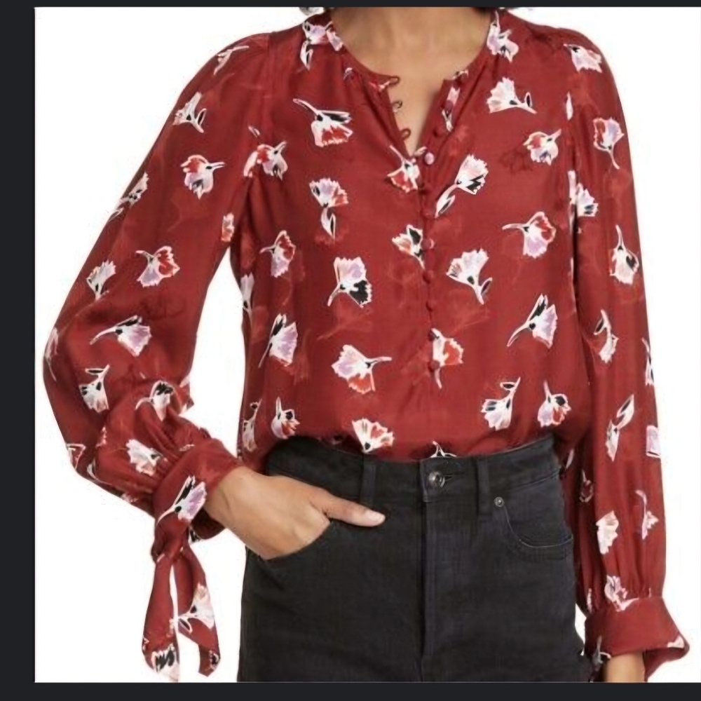 Rebecca Taylor Ikat Floral Silk Blend Paintbrush Top sz 6 wine cabernet